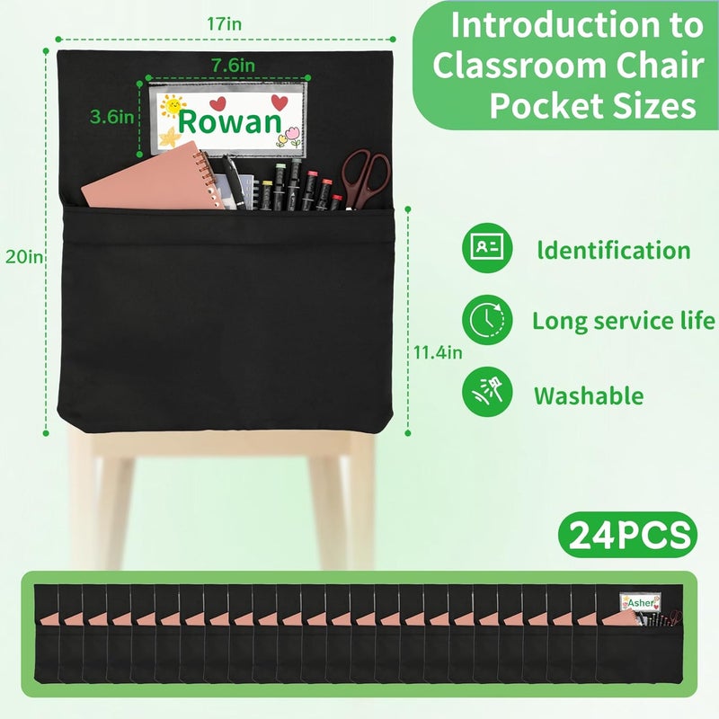 NURATIT 24 PCS Chair Pockets for Classroom, 20 x 17 Inch Extra Large Seat Sacks with Name Tags, Heavy-Duty Oxford Fabric Chair Organizers for School, Home, Office – Black - Image 5